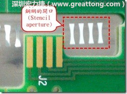 這個(gè)HotBar(熱壓熔錫焊接)吃錫的設(shè)計(jì)已經(jīng)對(duì)了一半，在印刷錫膏的時(shí)候在焊墊的中間位置減少錫膏，如果治具的設(shè)定正確的話，熱壓頭(thermode)要壓在焊墊中間的位置，焊錫的印出來結(jié)果如下面右圖所示。