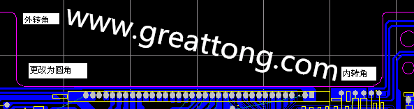 PCB設(shè)計時單面板的轉(zhuǎn)角都需為圓角，R1.0mm或R2.0mm為宜。