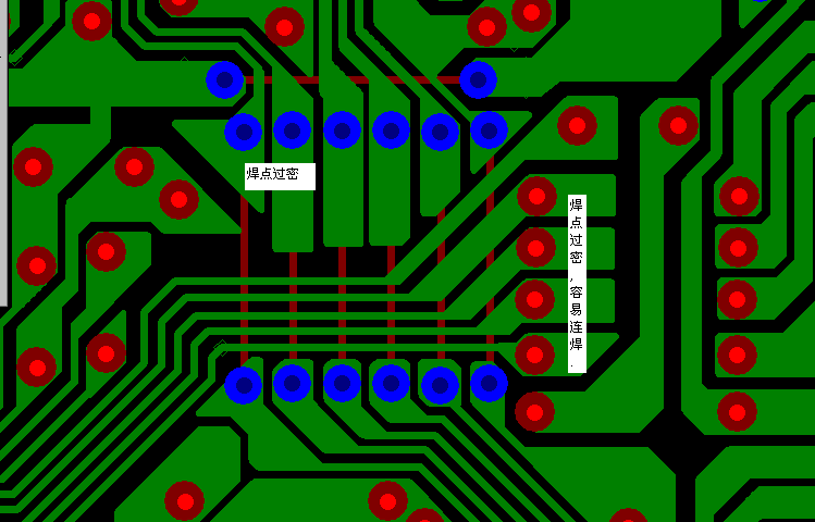 PCB設(shè)計焊點(diǎn)過密，易造成波峰連焊，焊點(diǎn)間漏電