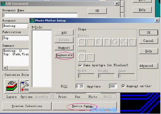 當(dāng)Gerber和鉆孔都設(shè)置完后，選擇一貼片元件較多的層（一般為Top層），點擊Device SetupPhoto，將 Plotter Setup窗口D-Code欄原有的D碼刪除并按Regenerate重新生成