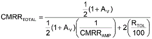 方程式1是從理想運算放大器的CMRR等式中匯出，其中CMRRAMP被假定為非常大(無窮大)。