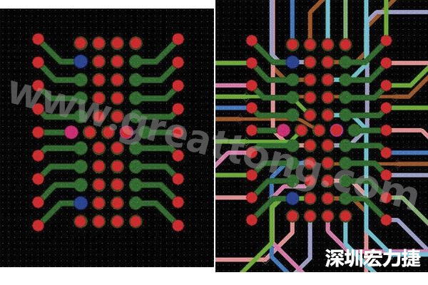 圖7：焊盤內(nèi)過孔用于內(nèi)部，而外部接腳在0.5mm閘格上扇出。圖7a顯示的是頂層(左)；圖7b顯示頂層和內(nèi)部布線層(右)。