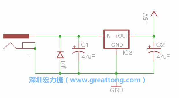 新增RBBB→Power_Jack，將它放在電壓調(diào)整器的輸入端旁邊。