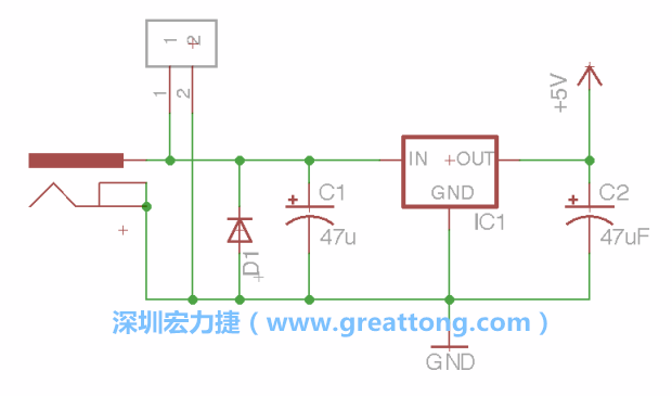 2.5.    新增一個二極體，它會以水平的狀態(tài)出現(xiàn)在屏幕上，請使用「旋轉(zhuǎn)（Rotate）」工具把它負極那一面朝上，并且用「網(wǎng)絡(luò)連接」工具將它連接在電壓調(diào)整器的輸入端和接地端之間。