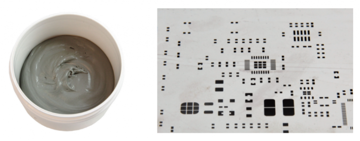 焊膏（左），PCB模板激光切割孔（右）